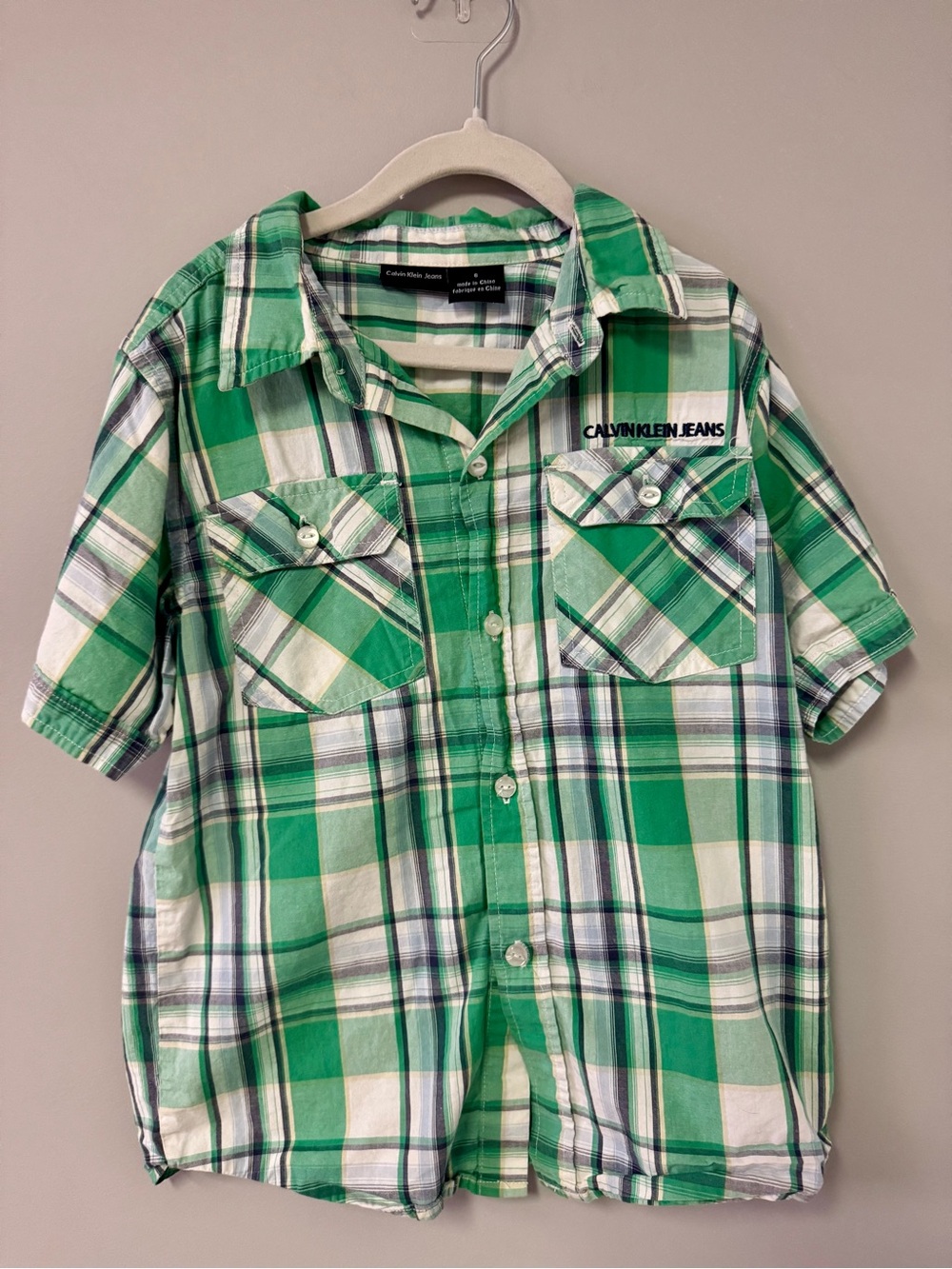 Calvin Klein Jeans Green and White Plaid Short-Sleeve Button-Down Shirt
